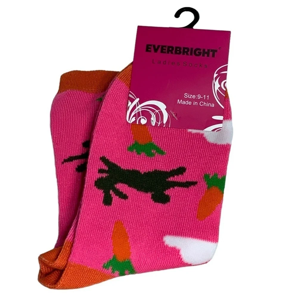 Everbright Easter Socks Women’s Bunny Carrots Novelty Print 9-11 Pink Multicolor